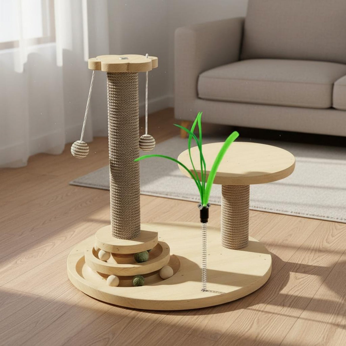 Stable Design Cat Tree with Scratching Post Non-Slip Base Cat Scratching Post with Toys Includes Catnip Balls for Indoors, Living Room, Home