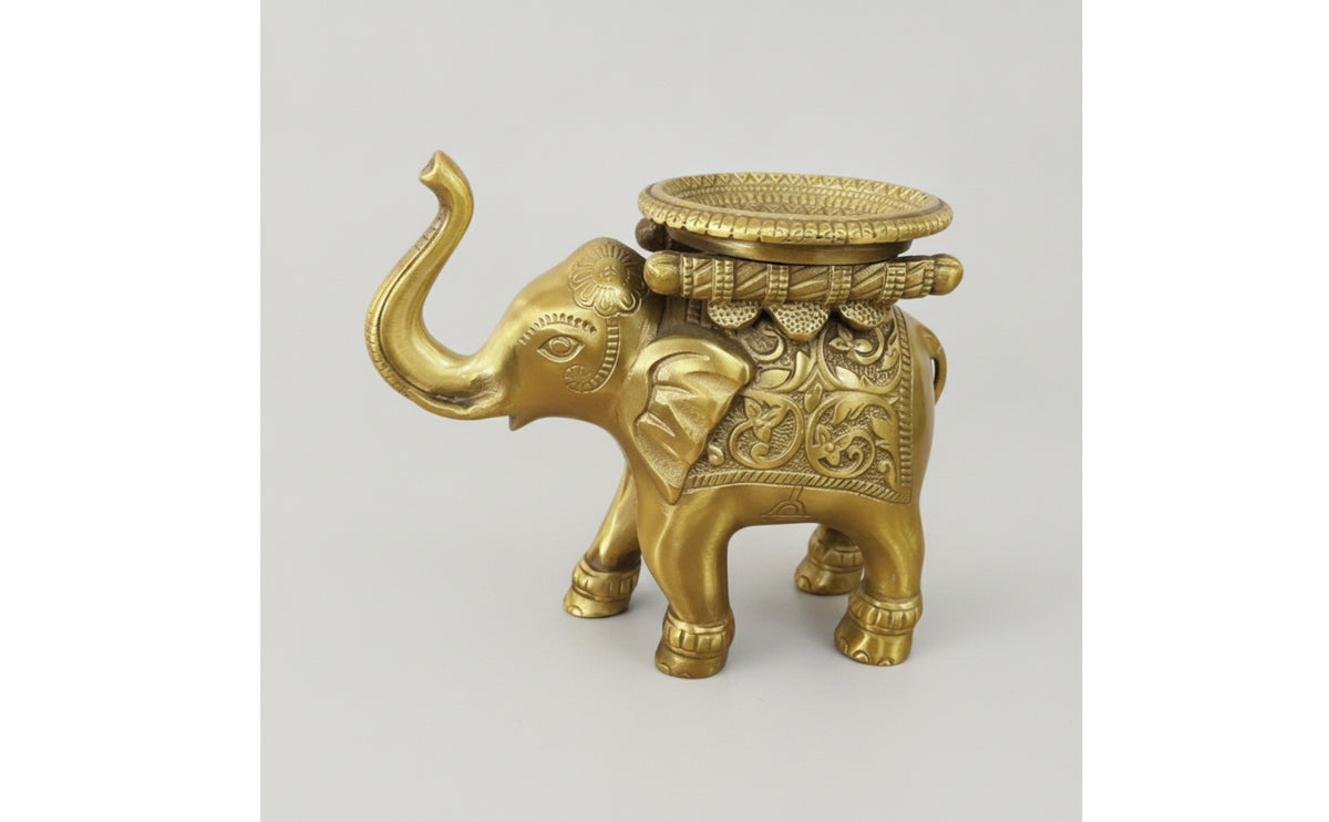 Ornate Brass Elephant Holder Embossed Elephant Candle Holder Decorative Sculpture Tabletop for Decorators, Collectors, Living Room, Altar, Entryway, Display Shelf