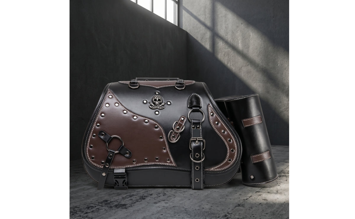 Retro Motorcycle Saddlebags PU Leather Motorcycle Bags with Chains Hard-Shell Side Luggage Shielding for Bikers, Cruiser Riders, Motorcyclists, Touring, Road Trips, Commuting