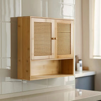 Bathroom Wall Cabinet Space-Saving Wooden Cabinet with Rattan Doors Decorative
