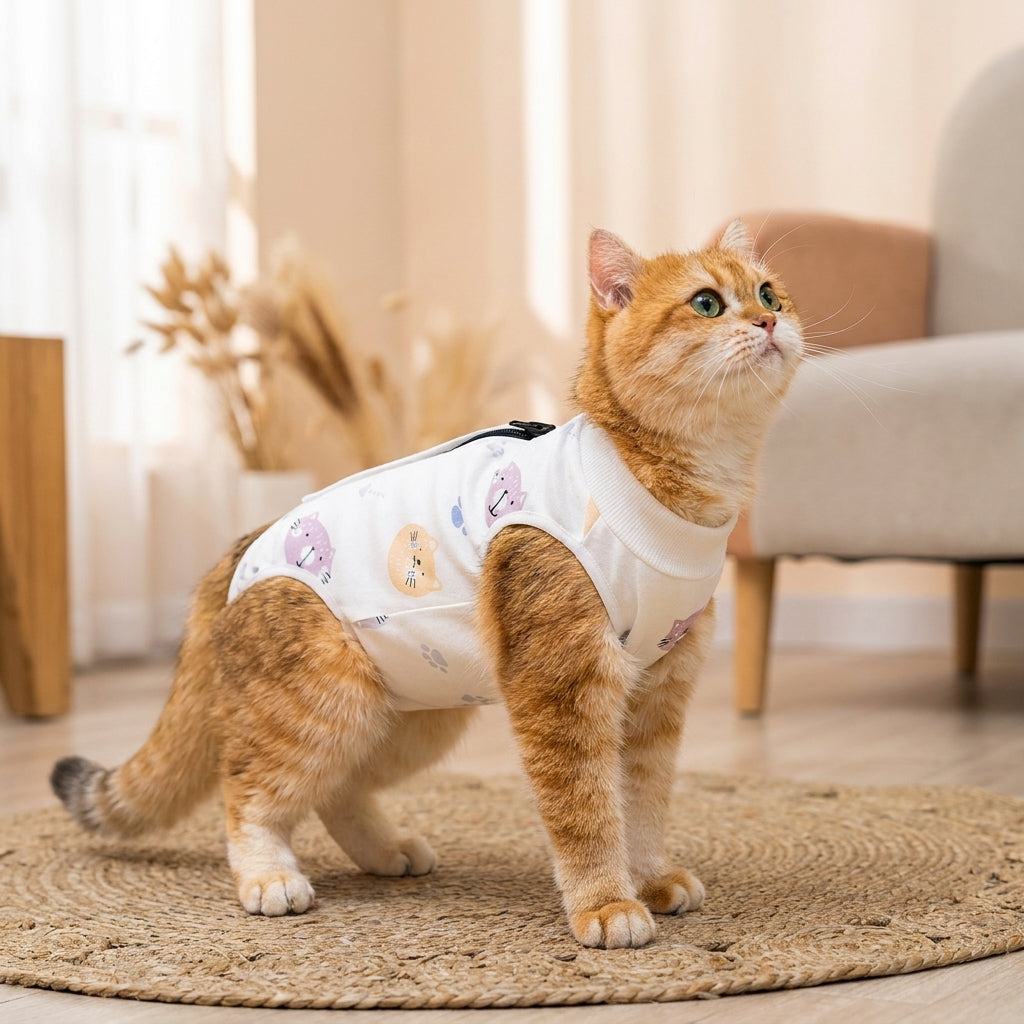 Cat Recovery Suit with Fasteners, Cartoon Style Post-Surgery Clothing, Round Neck Spay Recovery Vest, Anti-Licking Kitten Neuter Recovery Outfit