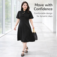 Plus Size Midi Dress with Frog Buttons and Three Quarter Sleeves for Office Wear, Stretch Blend in Flared Silhouette, Fit up to 8XL