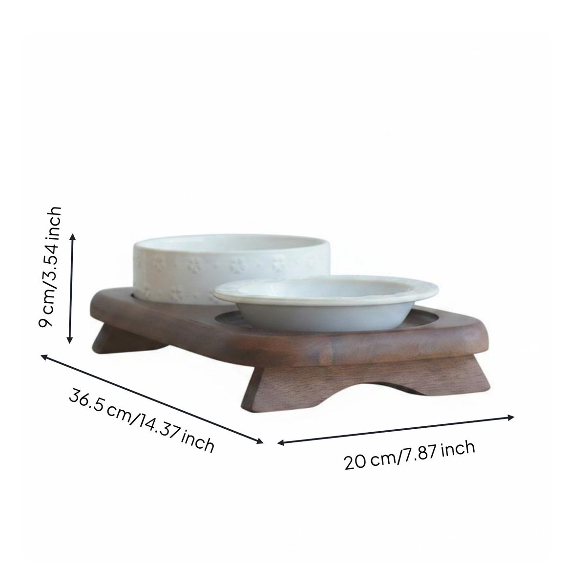 Double Ceramic Pet Bowl Stand Ergonomic Elevated Cat Bowl Set Microwave Wooden Pet Feeder for Cats, Indoor