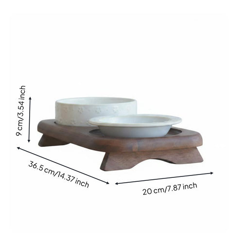 Double Ceramic Pet Bowl Stand Ergonomic Elevated Cat Bowl Set Microwave Wooden Pet Feeder for Cats, Indoor
