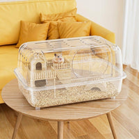 Acrylic Hamster Cage with Wood Accents, Single Level Transparent Indoor Pet Cage, 8cm Deep Base for Syrian Hamsters, Modern Oval Viewing Space