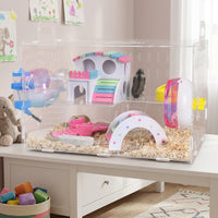 Large Hamster Cage with Double Layer Design, Acrylic Transparent Hamster Cage with Tunnels, Flat Base Starter Kit for Dwarf Hamster and Pet Mice
