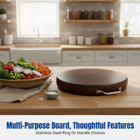 Durable Ironwood Cutting Board, Clamwood Round Chopping Board, Double-Sided, Butcher Block, Stainless Steel Ring