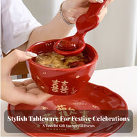Chinese Red Double Happiness Ceramic Bowls & Plates Set, Wedding, Housewarming, Festive Tableware