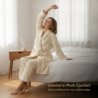 Women's Coral Fleece Thickened Striped Long Warm Flannel Nightgown