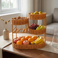 Multi-Level Fruit Rack Imitation Rattan Woven Display Shelf Rectangular Base