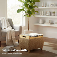Woven Storage Ottoman With Removable Lid Round Lidded Storage Pouf Space-Saving