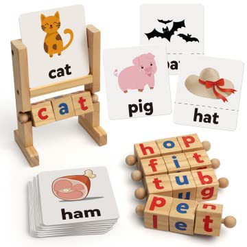 Wooden Reading Blocks Spelling Game with Cards, Montessori Rotating Letters Learning Toy for Preschool Boys and Girls