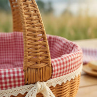 Arched Handle Picnic Basket Handwoven Lined Hand Basket Gingham Lining Container Lace Trim for Shopping