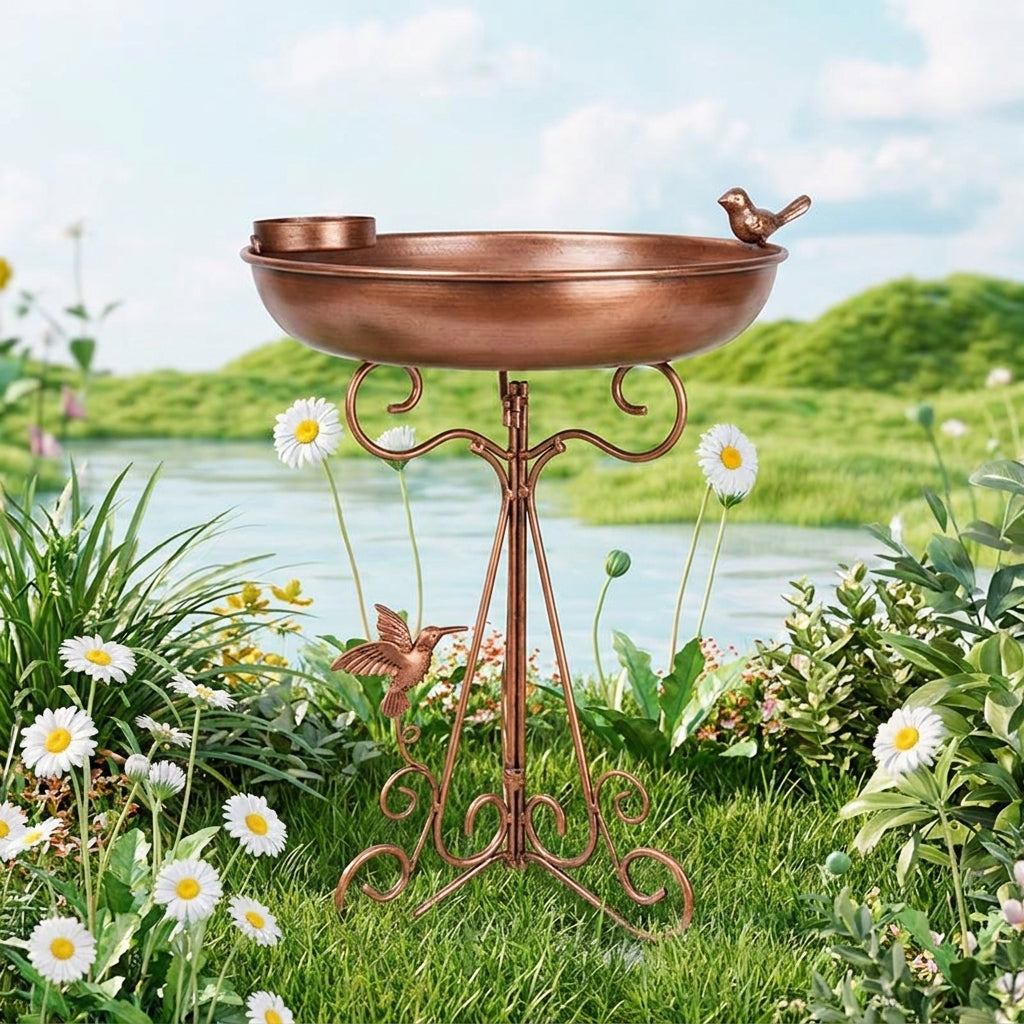 Outdoor Bird Bath and Bird Feeder, Metal European Style Garden Bird Bath with Pedestal Tripod Base, Geometric Shape Yard and Lawn Decor Piece