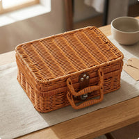 Woven Suitcase Box Top Handle Rattan Storage Box Brown for Gifting