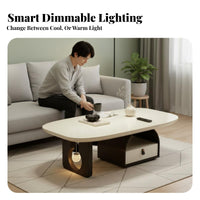 2 Pieces French Cream aesthetic Pebble-Shaped Table pair Built-in Light Living Room Furniture With Storage Drawer Accent Tables Artistic Design for Apartment Dwellers, Homeowners, Students, Small Spaces, Lounge Area, Office, Study