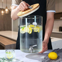 Beverage Dispenser with Wood Stand and Lid, Glass Juice Dispenser for Parties, Large Capacity Iced Tea and Lemonade Dispenser Kitchen Outdoor Use