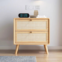 Solid Wood Nightstand with Rattan Weave