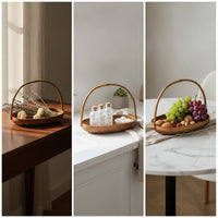 Bamboo Basket with Handle Handwoven Bamboo Basket Tray for Hosts, Tea Service, Tabletop Display