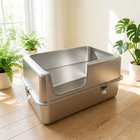 Enclosed Cat Toilet with Lid, Large Pet Toilet in Stainless Steel Metal Waste Receptacle Style, Fully Enclosed Indoor Cat Toilet for Odor Control