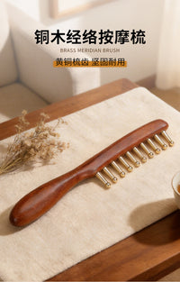 Pure Brass Long-Handle Massage Comb for Scalp and Head Meridian, Thick Wide Teeth, for Men and Women, Gold Silk Sandalwood Comb