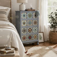Wooden Storage Cabinet Geometric Vintage Cabinet Wooden Sideboard Tile-Like Sturdy Legs Decorative