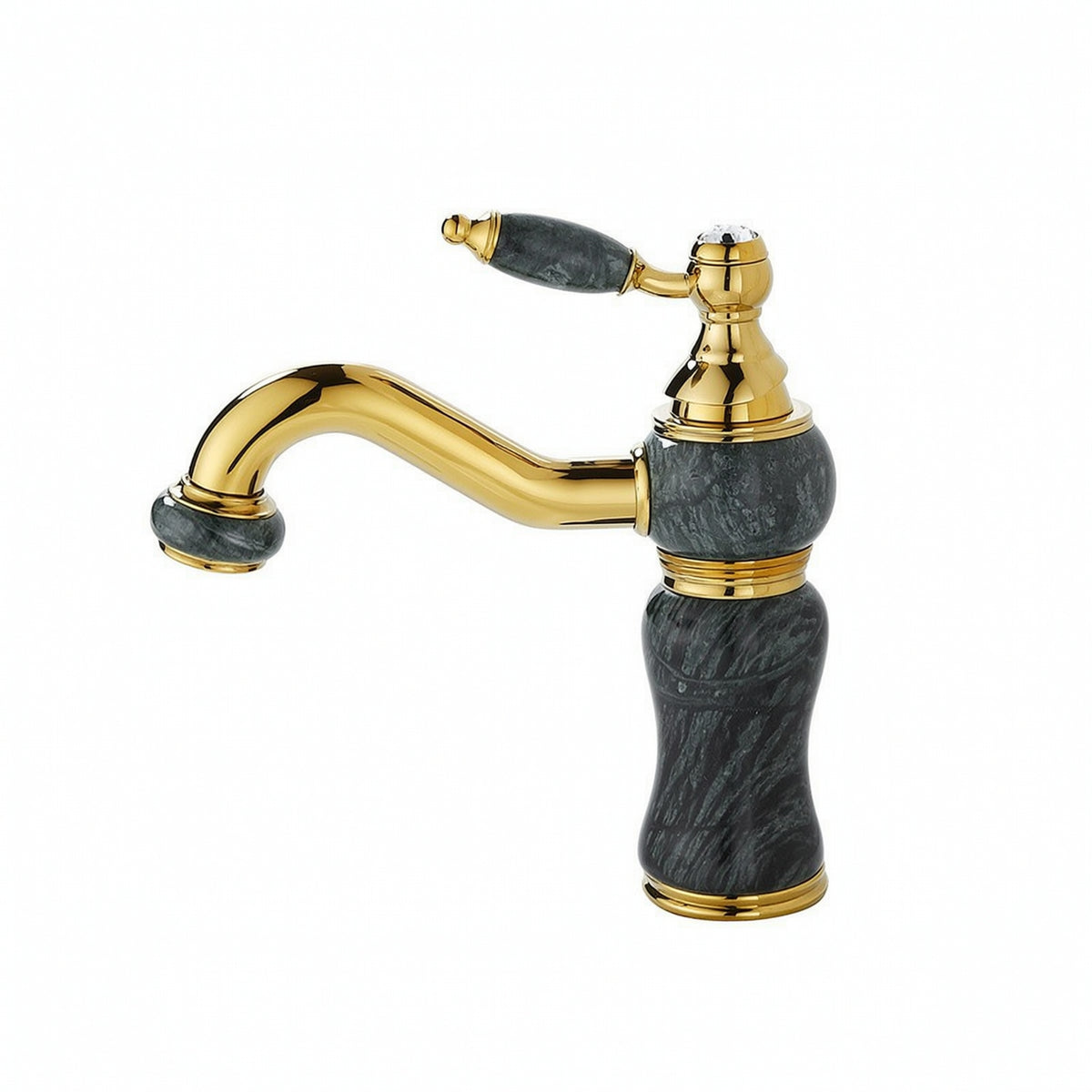 Polished Gold Faucet with Rotating Outlet Marble Textured Gooseneck Faucet Glossy Basin Tap Vintage for Bathroom, Powder Room, Guest Bath