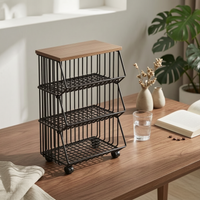 Kitchen Storage Cart with Wood Top Floor-Standing Rolling Cart with Wire Baskets Modern for Apartment