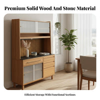 Sintered Stone Countertop Pegboard Sideboard Cabinet Sturdy and Sturdy Japanese Aesthetic Buffet Multi-Functional Design Cherry Wood Storage Cabinet Adjustable Shelves for Cooking Enthusiasts, Families, Homeowners, Dining Room, Pantry, Entryway, Home Bar
