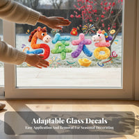 Cute Pony Glass Stickers, 5D Static Clings, Horse Year, Holiday Glass Decor