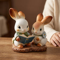 Reading Bunny Statue Desk Display Ceramic Bunny Ornament Hand-Painted Look Hare Figurine for Bookshelf, Living Room
