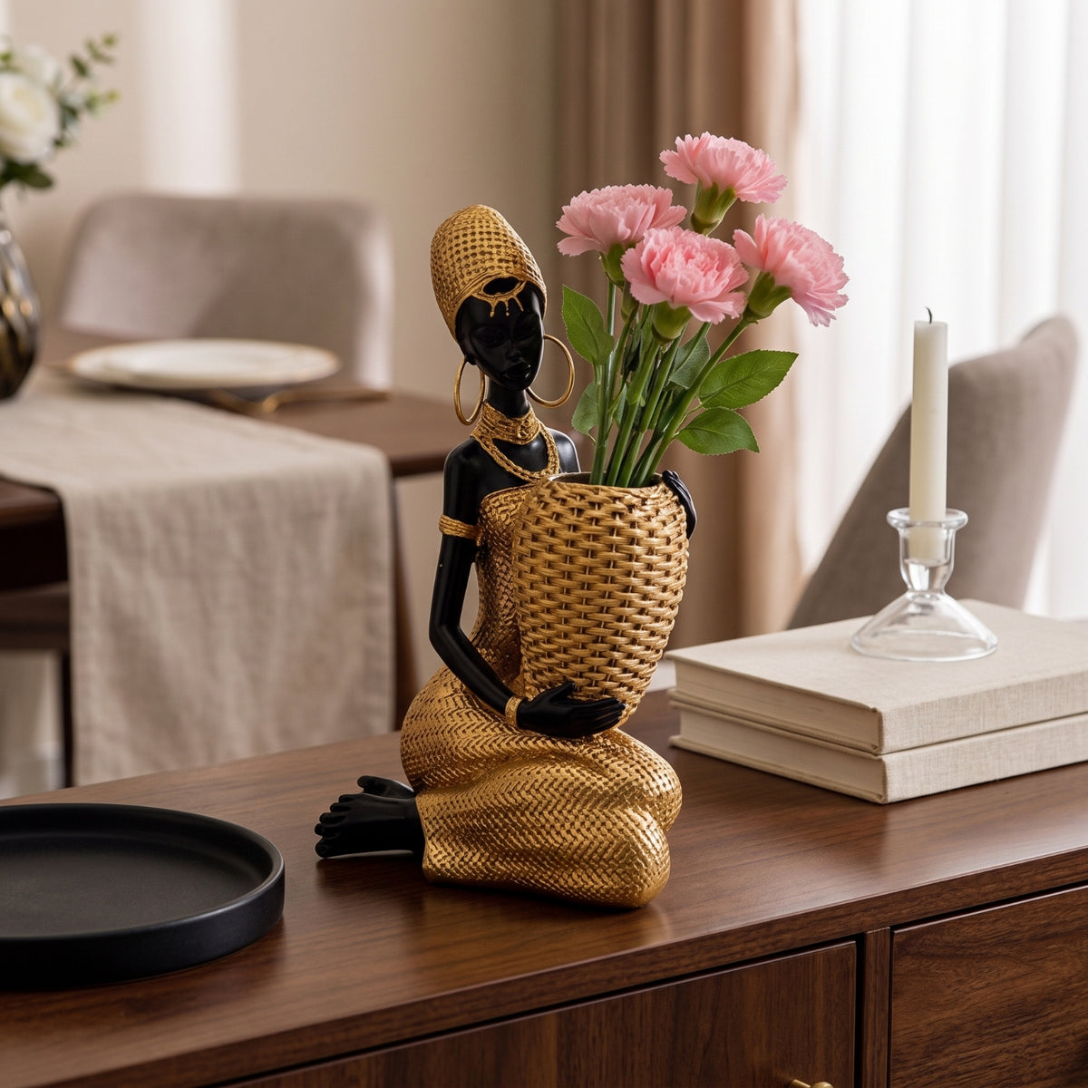 African Woman Statue with Bowl Handmade Decorative Bowl Figurine Elegant Decor for Entryway