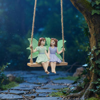 Sister Fairies on Swing Ornament Weather Resistant Hanging Fairy Swing Statue Design for Yard, Patio, Balcony