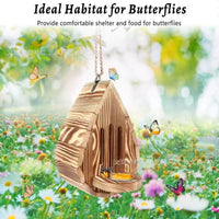 Wooden Wall-Mounted Butterfly House with Feeder for Garden and Patio