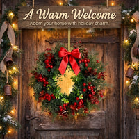 Christmas Wreath for Front Door, Artificial Christmas Wreath with Red Berries and Bow, Handmade Festive Decor for Door Wall Fireplace Mantel