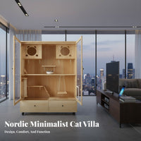 Large Wood Cat Villa, Multi-Level Enclosure, Spacious Cat House, Nordic Style, Home
