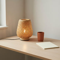 Woven Bamboo Lamp Lattice Weave Woven Lantern Lamp Natural Wood-Toned