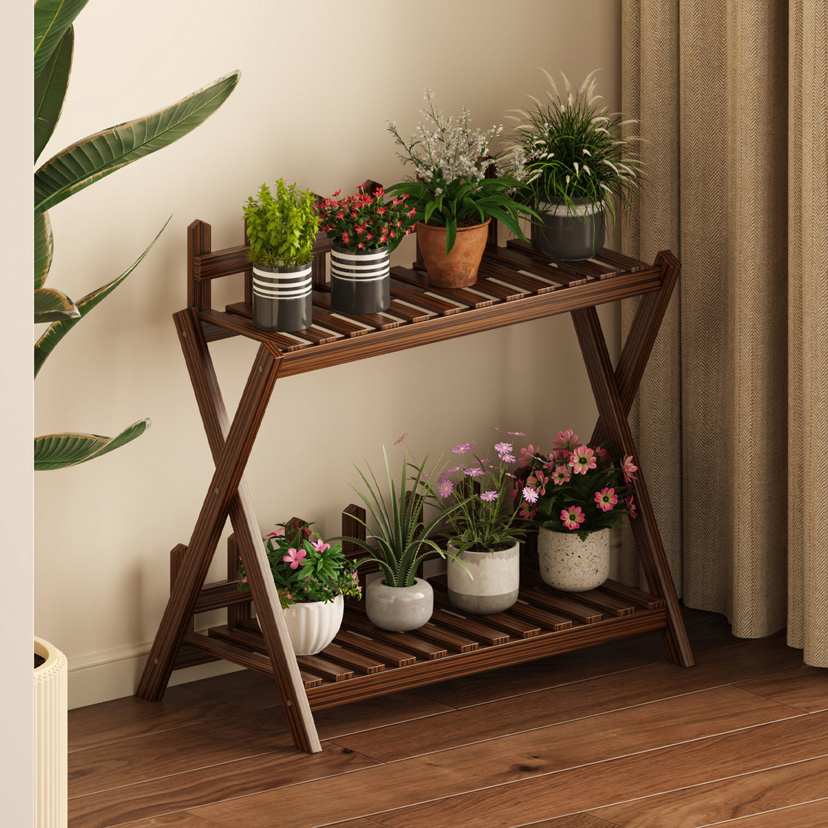 Solid Wood Plant Stand Indoor Outdoor Floor Display Rack for Balcony Living Room