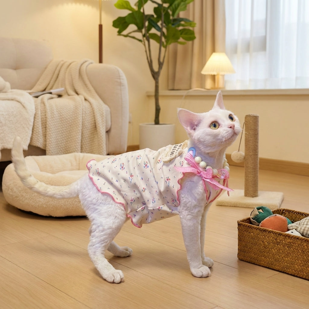 Cat Vest Tank Top with Ruffle Trim and Strappy Neckline, Floral Pattern Polyester Shirts Sleeveless Vest, Soft Breathable Hairless Cat Clothes