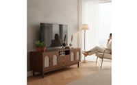 Retro Rattan TV Stand with Doors Low-Height TV Cabinet with Rattan Doors Tapered Wooden Credenza Woven for Living Room, Apartment