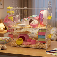 Transparent Hamster Cage Acrylic Hamster Cage, Double Layer Hamster Cage with Water Bottle, Complete Set for Syrian and Dwarf Hamster Habitat