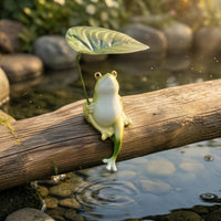 Garden Frog Statue Leaf Umbrella Frog Ornament Home Decor Outdoor Indoor Decorative Object Green Cream Finish for Balcony, Patio