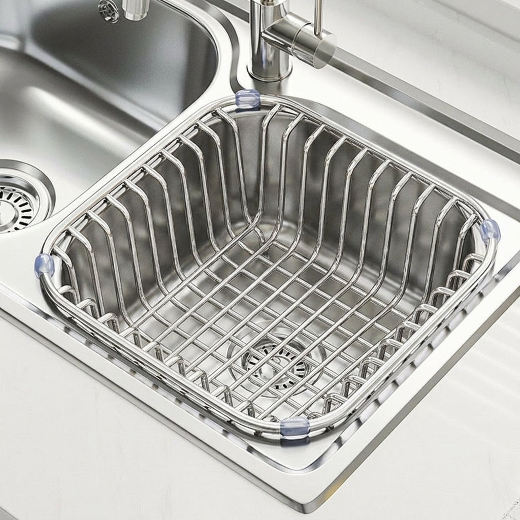Square Drain Basket Kitchen Sink Drainer, 201 Stainless Steel Dish Drainage Rack and Bowl Strainer, In-Sink Multi-Functional Kitchen Storage Unit