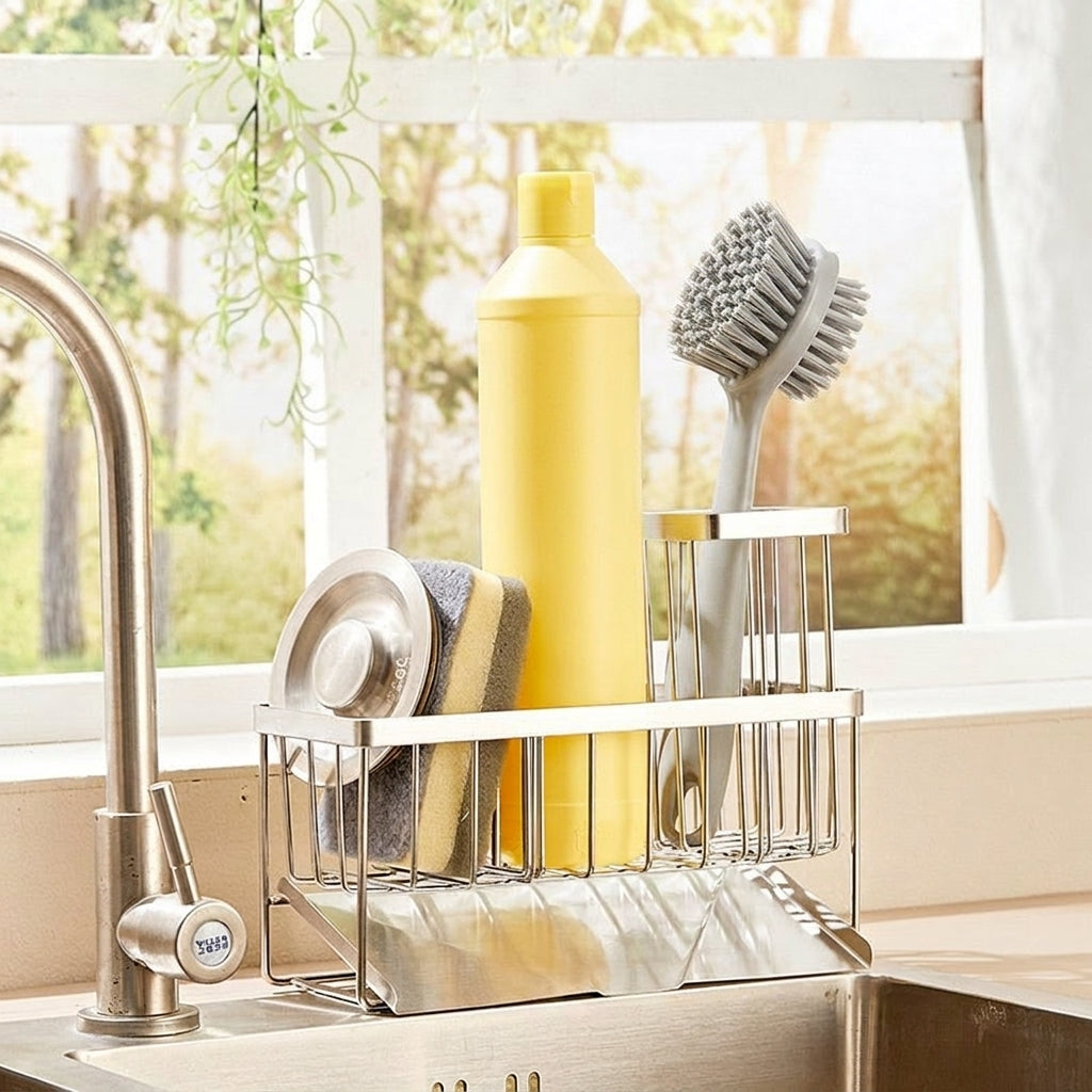 Kitchen Sink Organizer Countertop Storage Rack, Stainless Steel Sponge Rack [Sloped Drainage] with Classification Tube and Rag Rod, Sink Tidy