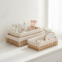 3 Pieces Woven Basket with Lining Shallow Storage Basket with Liner Elegant Wicker Tray for Drawer