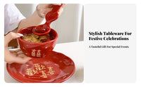 Chinese Red Double Happiness Ceramic Bowls & Plates Set, Wedding, Housewarming, Festive Tableware