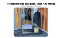 Double Rod Rolling Rack Adjustable Length Rolling Double-Rod Clothing Organizer With Wheels Foldable for Renters