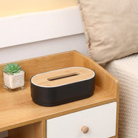 Car Accessories and Modern Tissue Box for Living Room, Bamboo Oval Shape Facial Tissue Holder with Lift Mechanism, 21.3x11.2x6cm Black Design