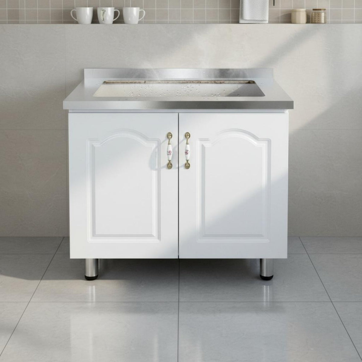 Kitchen Storage Unit Standing Kitchen Cupboard Stainless Metal Surface Modular Design Easy to Clean Cabinet with Drawers and Shelved Compartments Suitable for Families Utility Room Homeowners Home Decoration