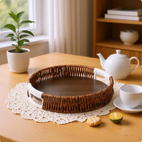 Faux-Rattan Tray Wood-Grain Round Rattan Serving Tray Dark